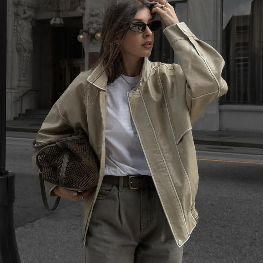 12th Tribe London Calling Light Taupe Oversized Faux Leather Jacket Size MM